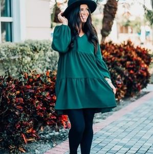 EMERALD GREEN TIERED LONG SLEEVE DRESS